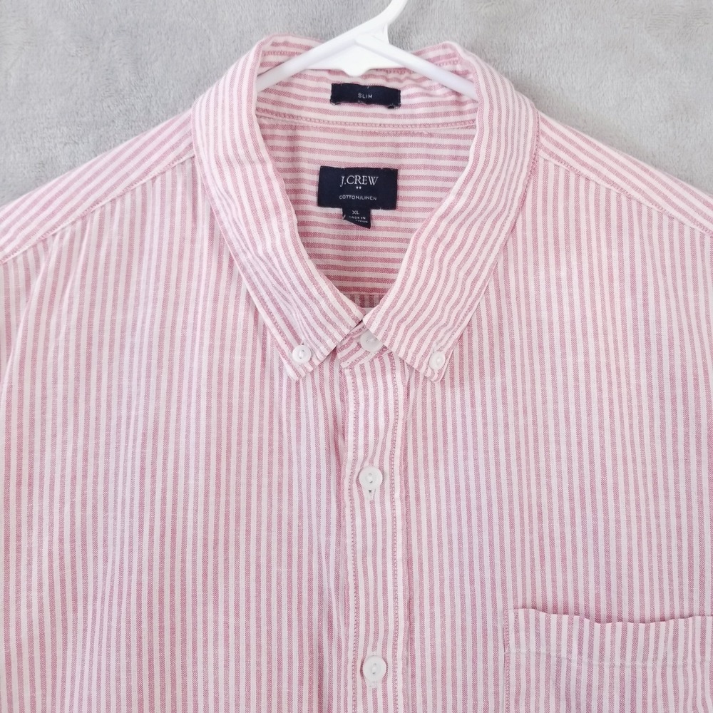 J Crew Shirt Men XL Striped Cotton Linen Short Sleeve Slim Fit Button Down
